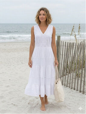 Signature JMD White Cotton Crochet Tiered Boho Maxi Dress XL Coastal Minimalist